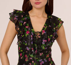 Floral Tiered Chiffon Gown With Flutter Sleeves In Black Multi