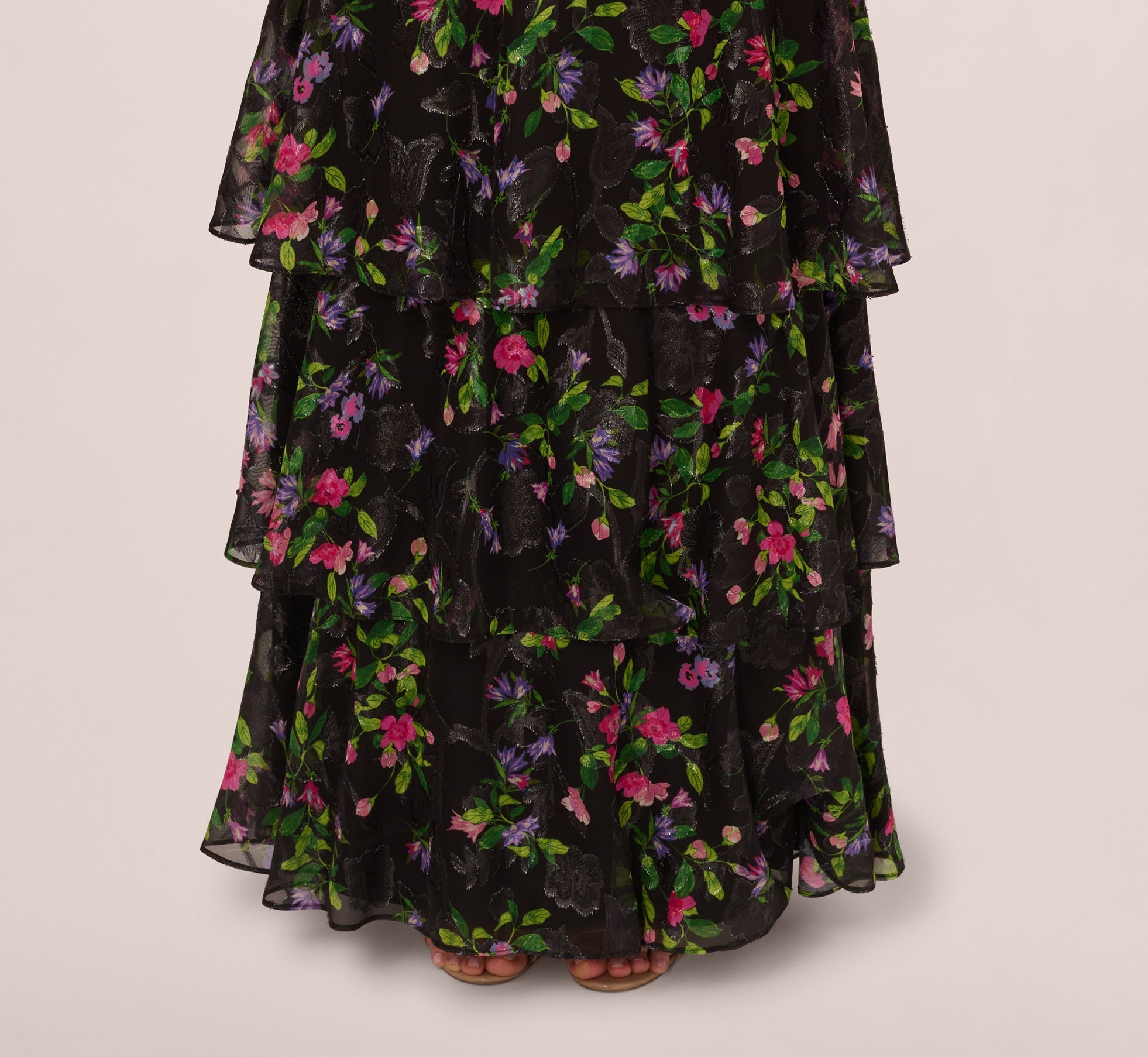 Floral Tiered Chiffon Gown With Flutter Sleeves In Black Multi