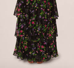 Floral Tiered Chiffon Gown With Flutter Sleeves In Black Multi