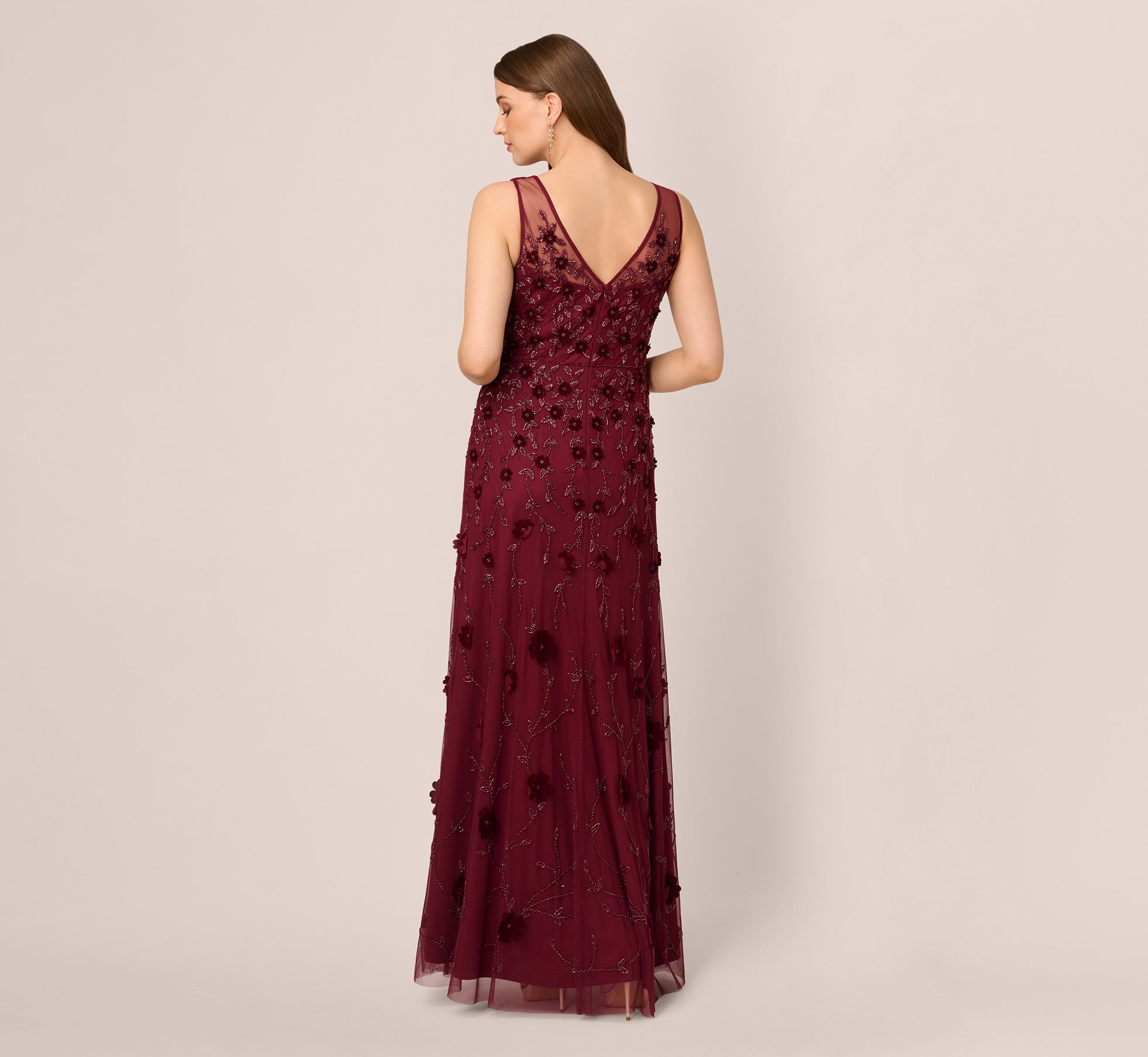 Velvet Floral Beaded Gown With Sheer Tank Straps In Mahogany