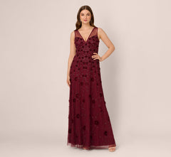 Velvet Floral Beaded Gown With Sheer Tank Straps In Mahogany