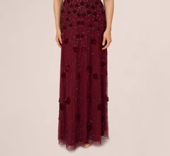 Velvet Floral Beaded Gown With Sheer Tank Straps In Mahogany