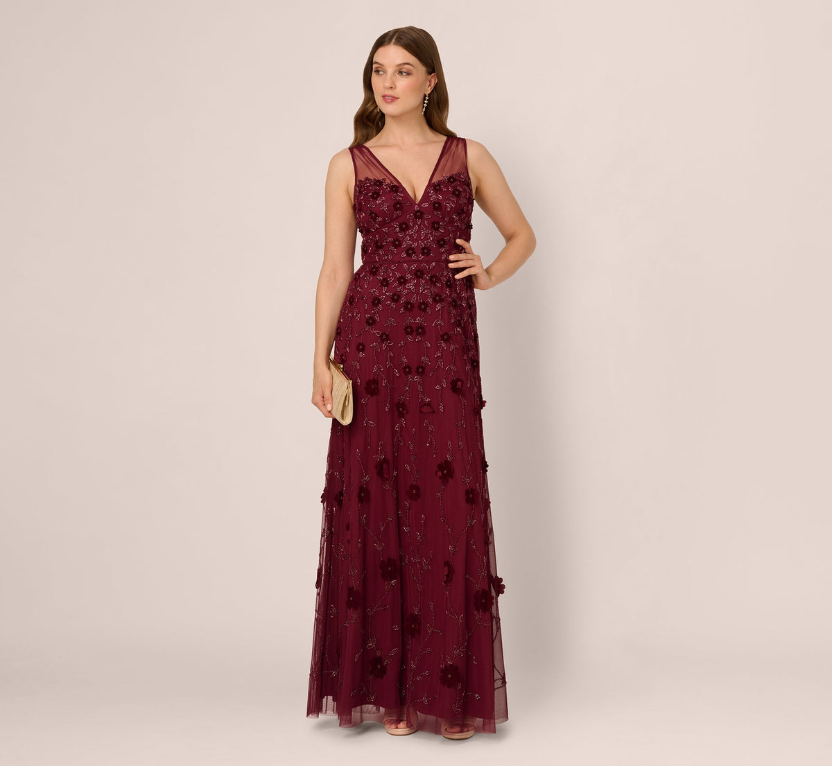Velvet Floral Beaded Gown With Sheer Tank Straps In Mahogany