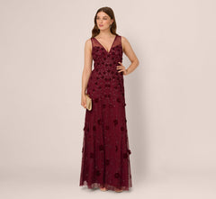 Velvet Floral Beaded Gown With Sheer Tank Straps In Mahogany