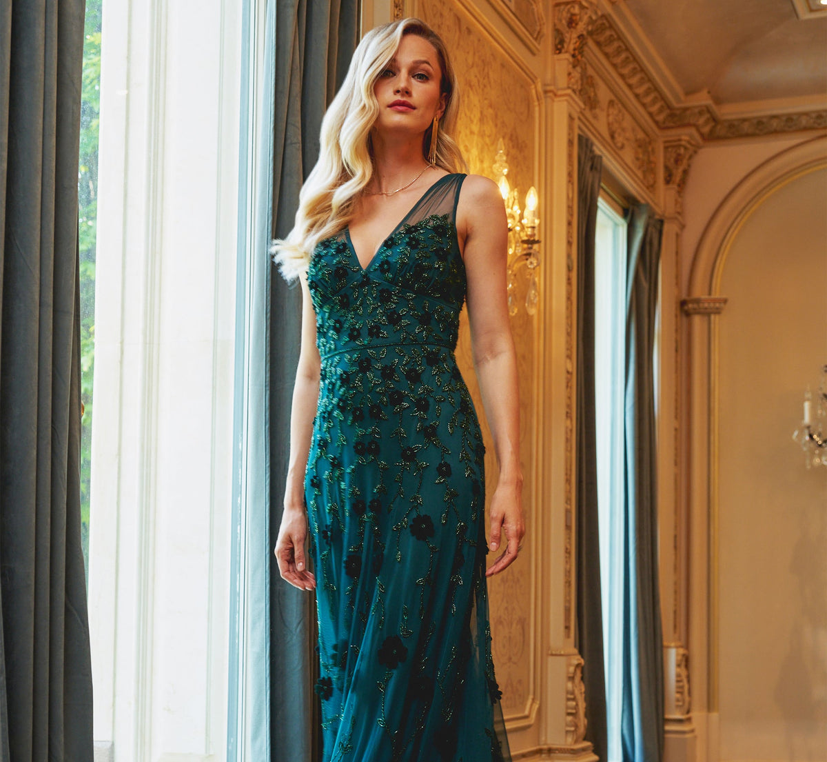 Velvet Floral Beaded Gown With Sheer Tank Straps In Gem Green