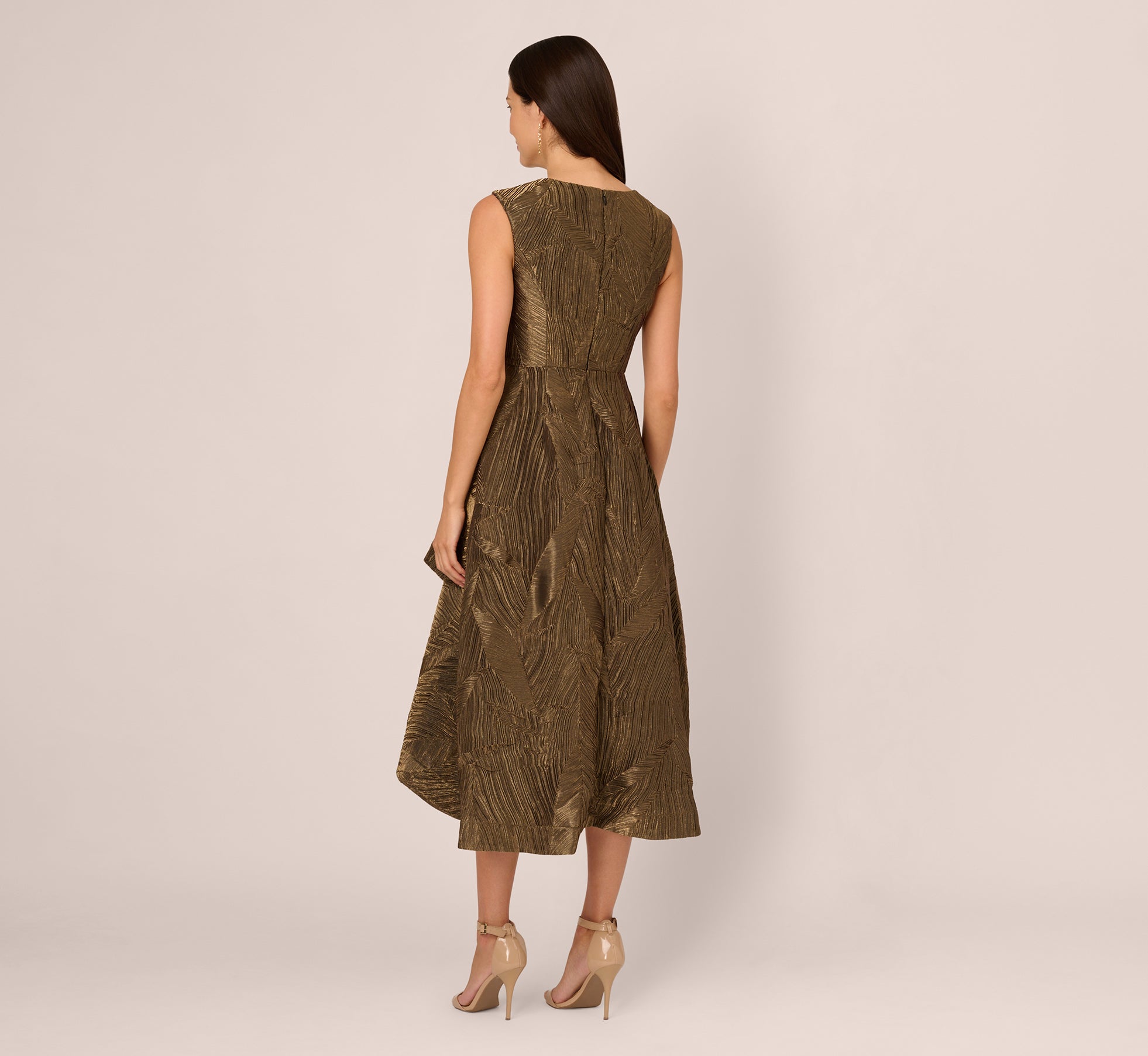 Textured Jacquard High Low Dress With Notched Neck In Metallic Gold