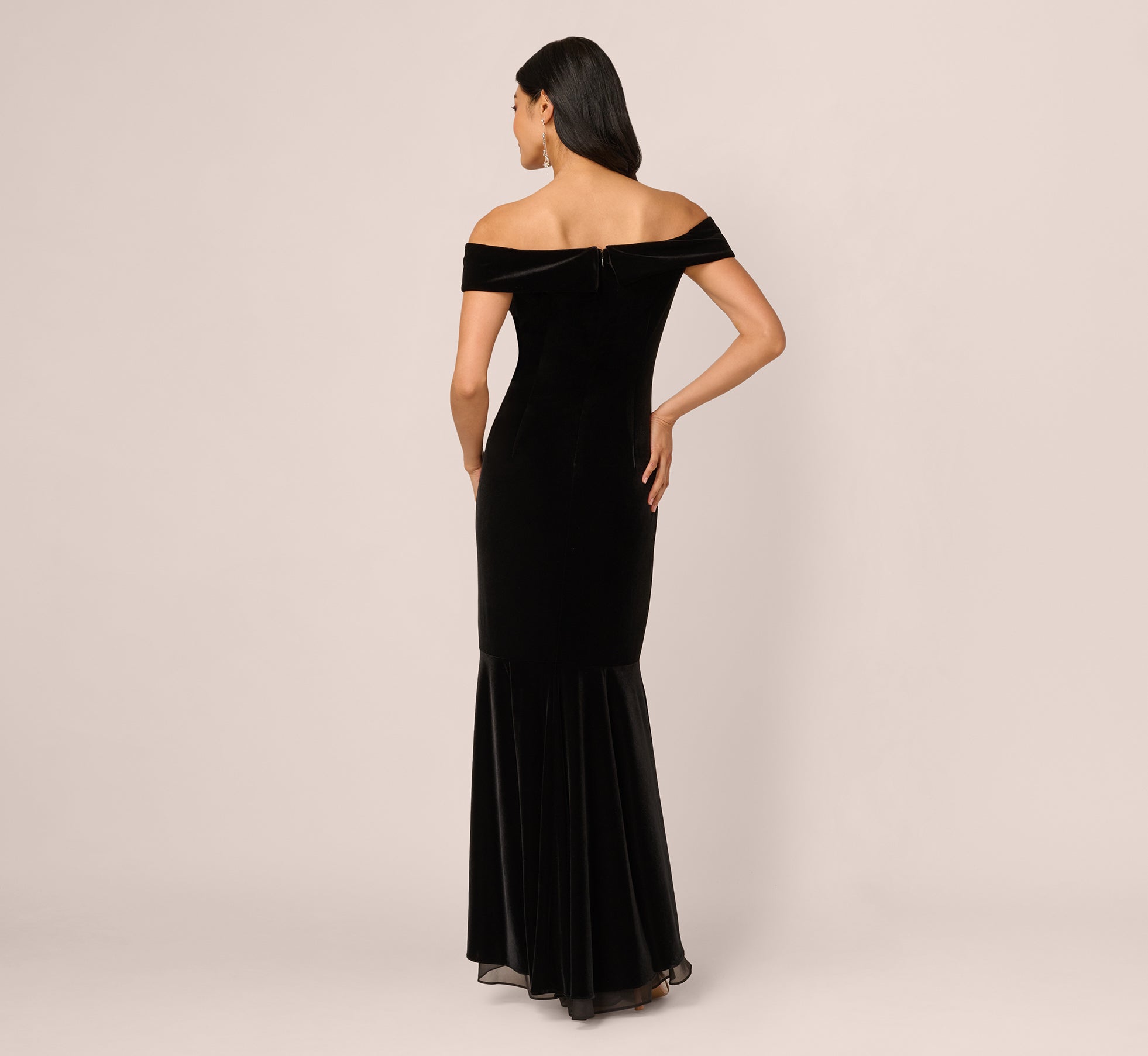 Off The Shoulder Velvet Mermaid Gown With Organza Ruffle In Black
