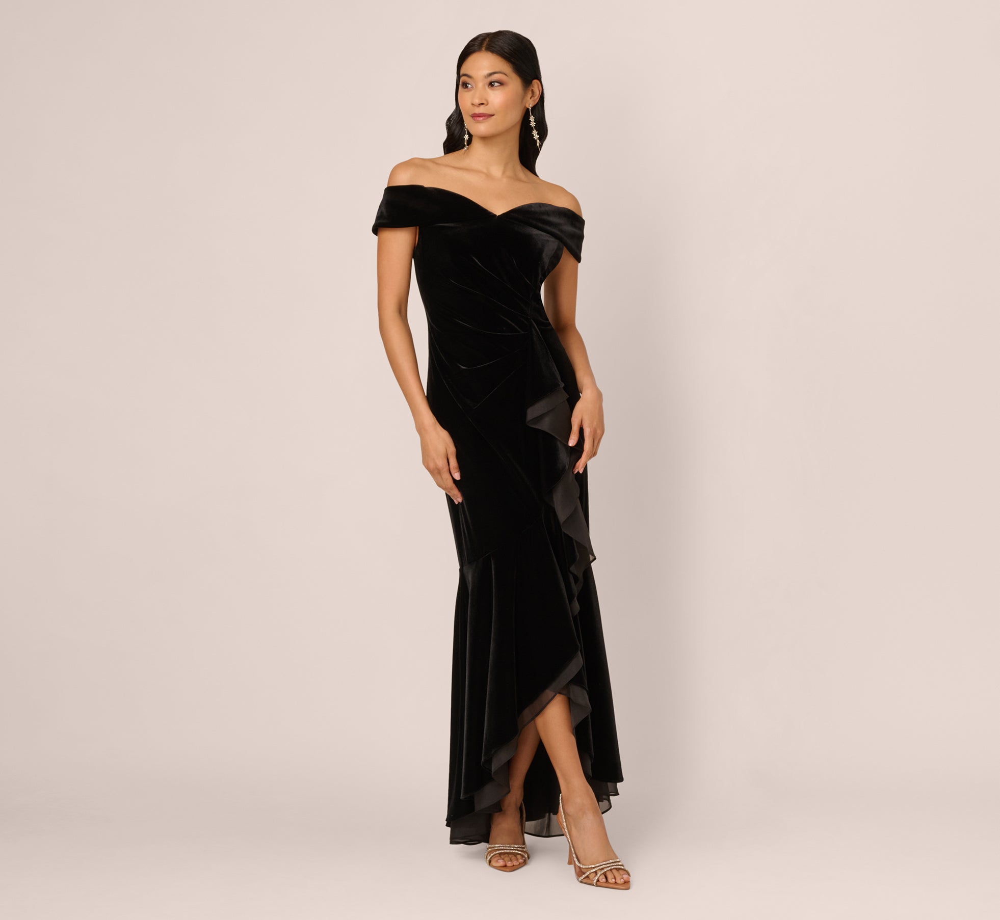 Off The Shoulder Velvet Mermaid Gown With Organza Ruffle In Black