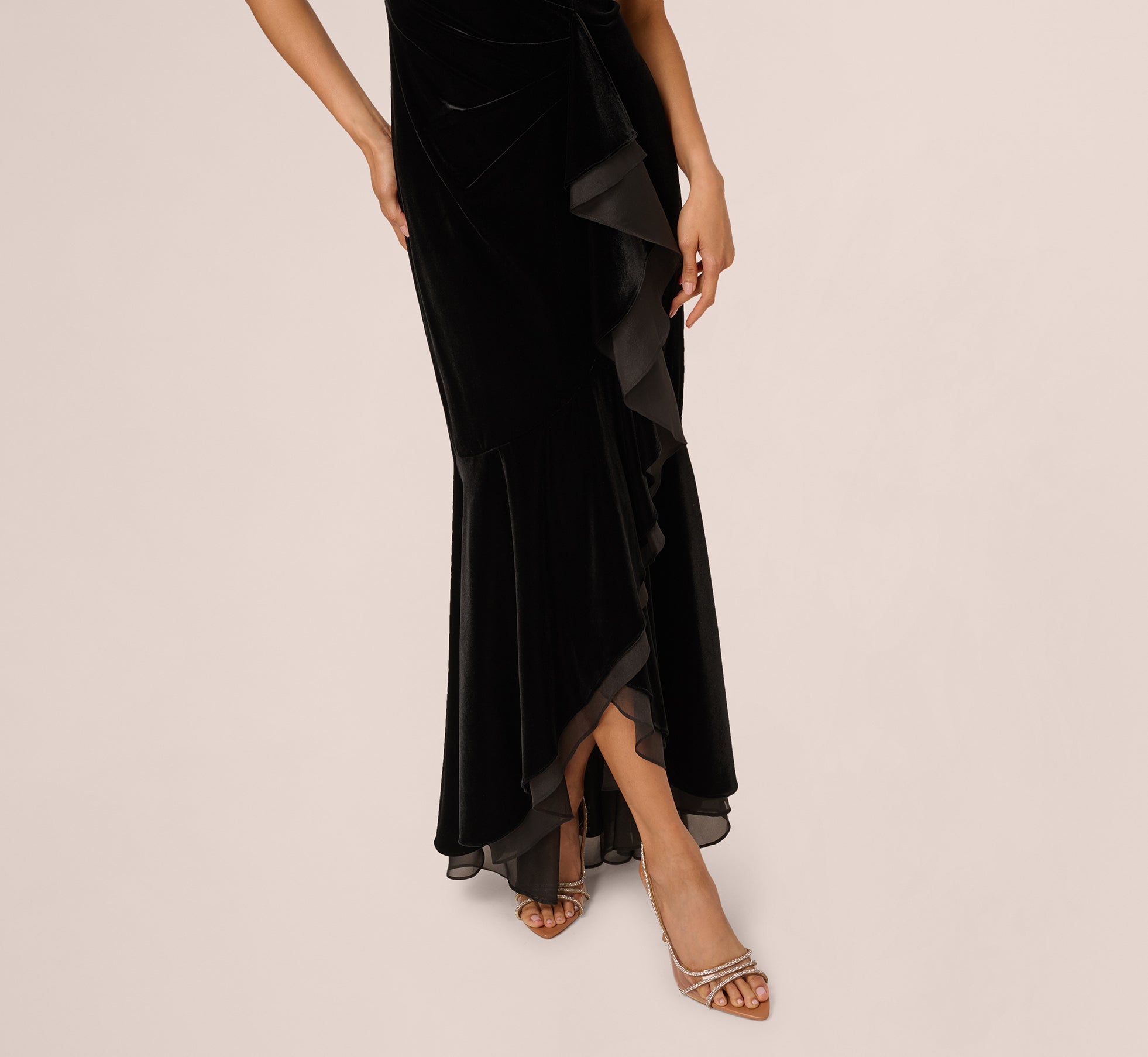 Off The Shoulder Velvet Mermaid Gown With Organza Ruffle In Black