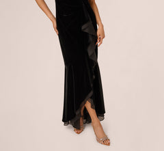 Off The Shoulder Velvet Mermaid Gown With Organza Ruffle In Black