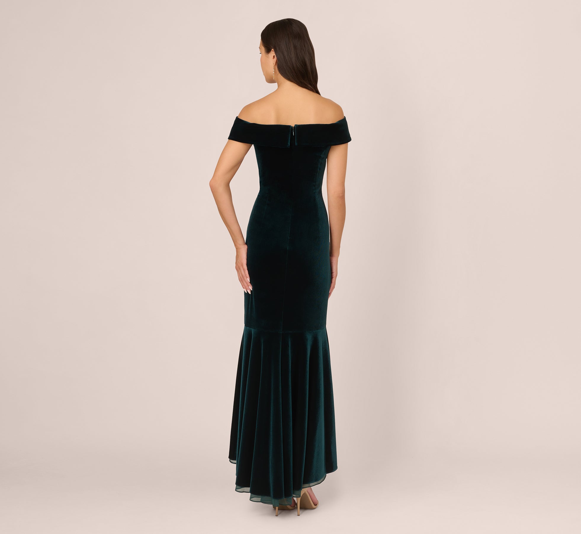 Off The Shoulder Velvet Mermaid Gown With Organza Ruffle In Hunter