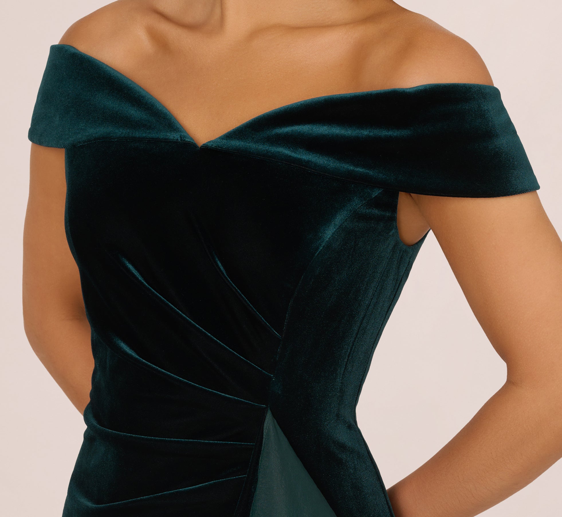 Off The Shoulder Velvet Mermaid Gown With Organza Ruffle In Hunter