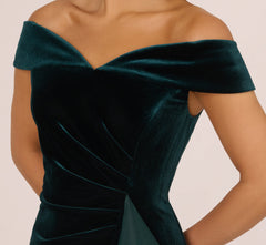 Off The Shoulder Velvet Mermaid Gown With Organza Ruffle In Hunter
