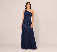 Floral Beaded One Shoulder Mermaid Gown With Godet Skirt In Light Navy