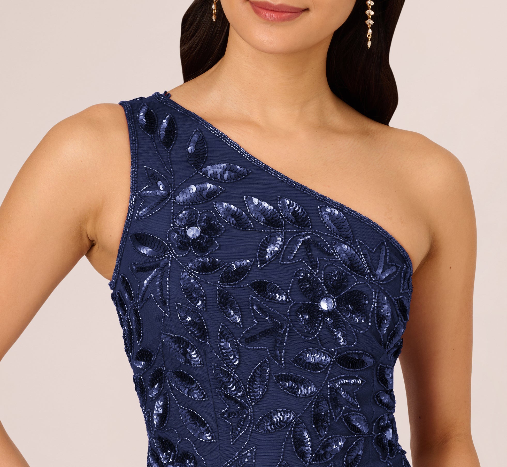 Floral Beaded One Shoulder Mermaid Gown With Godet Skirt In Light Navy