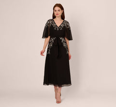 Beaded Chiffon Ankle Length Gown With Dolman Sleeves In Black