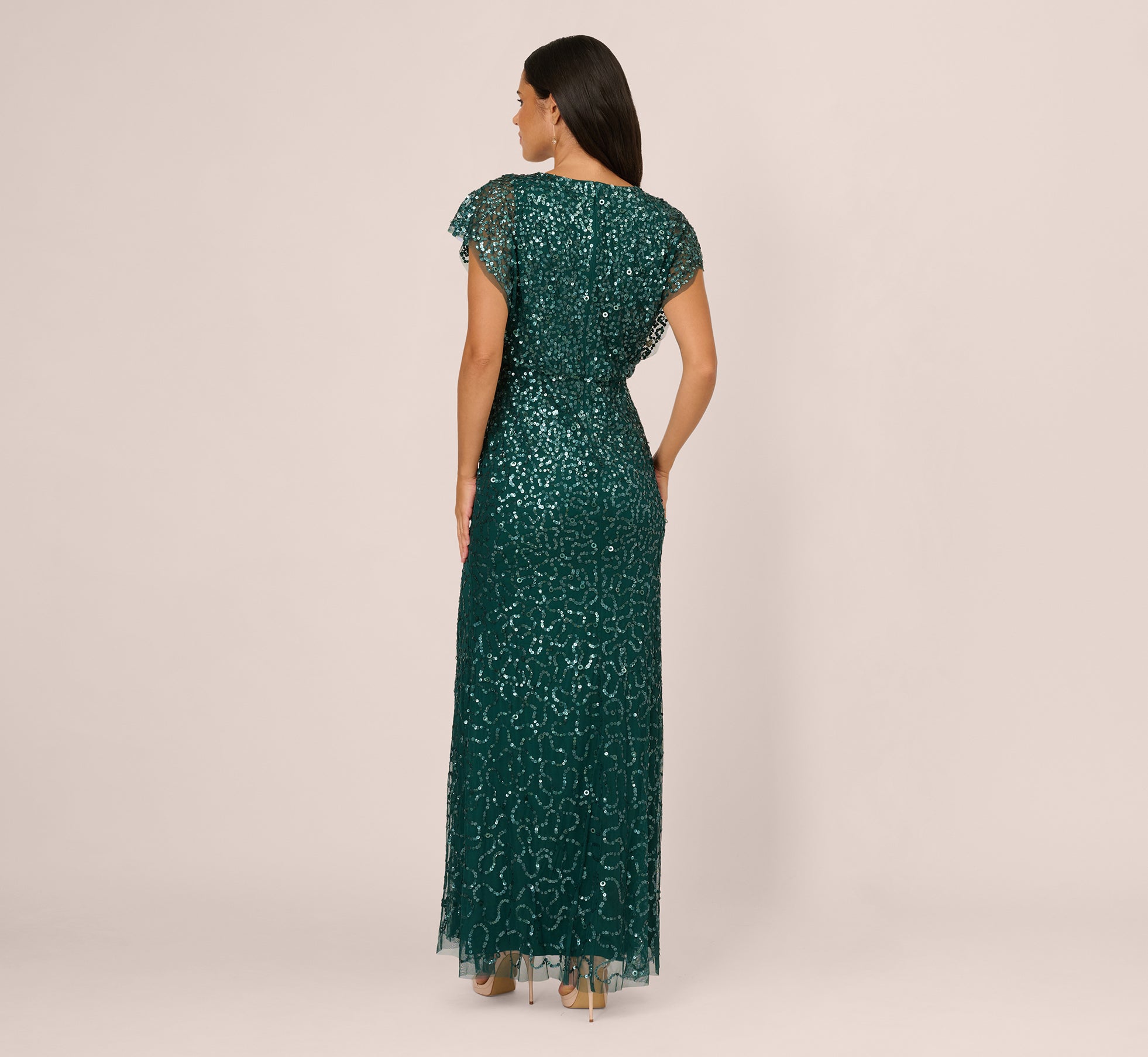 Multicolor Floral Beaded Mermaid Gown With Dolman Sleeves In Gem Green