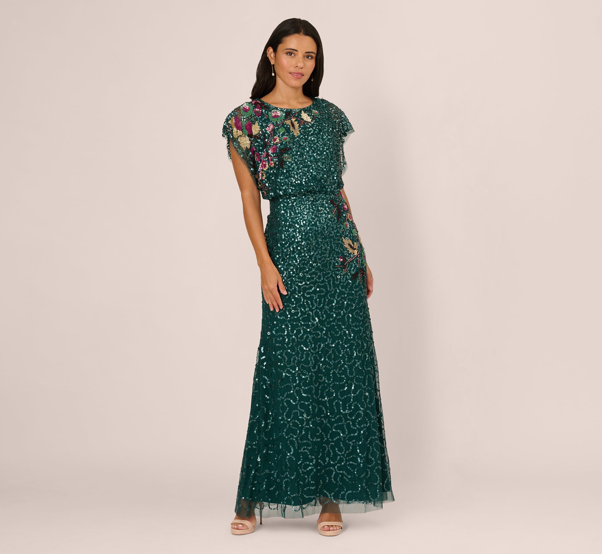 Multicolor Floral Beaded Mermaid Gown With Dolman Sleeves In Gem Green