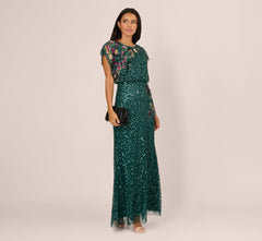 Multicolor Floral Beaded Mermaid Gown With Dolman Sleeves In Gem Green