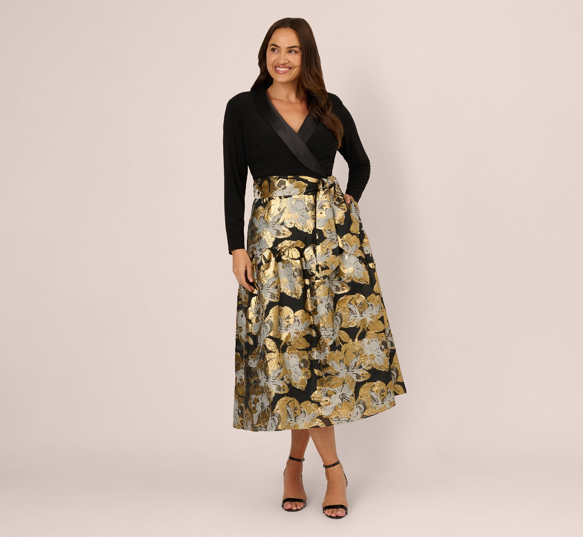 Plus Size Combo Floral Jacquard Dress In Black Gold