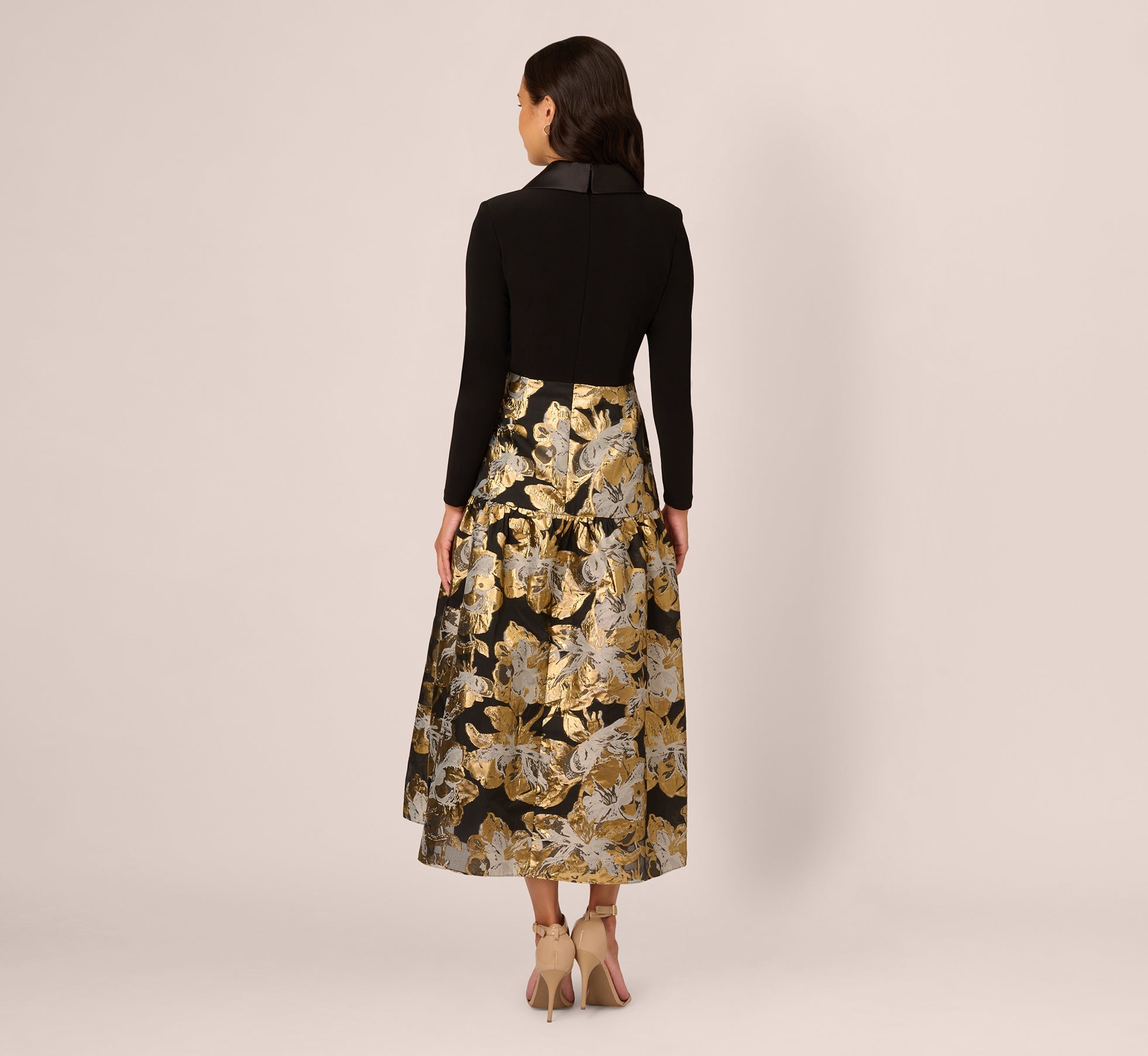 Combo Floral Jacquard Dress In Black Gold