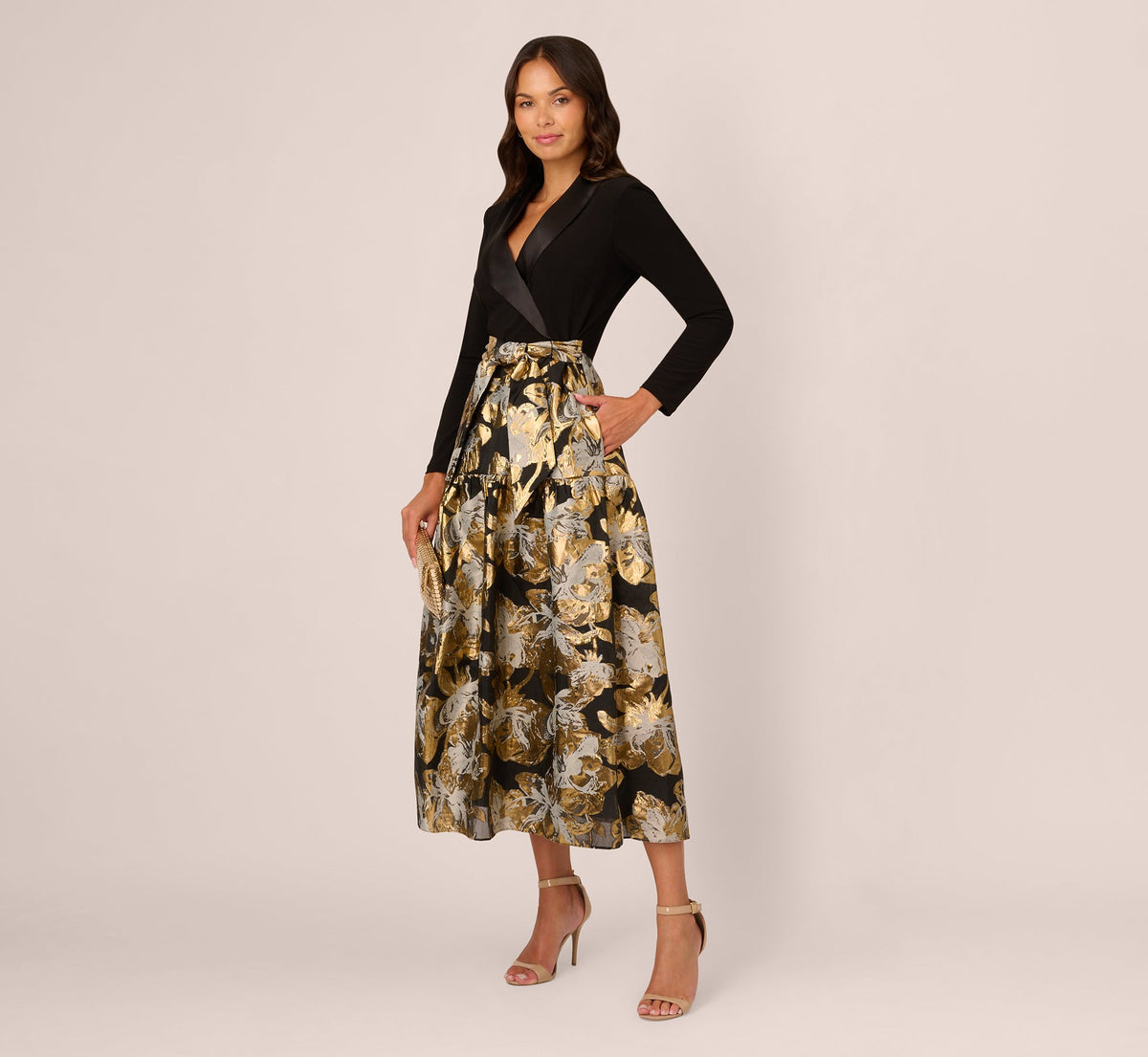 Combo Floral Jacquard Dress In Black Gold