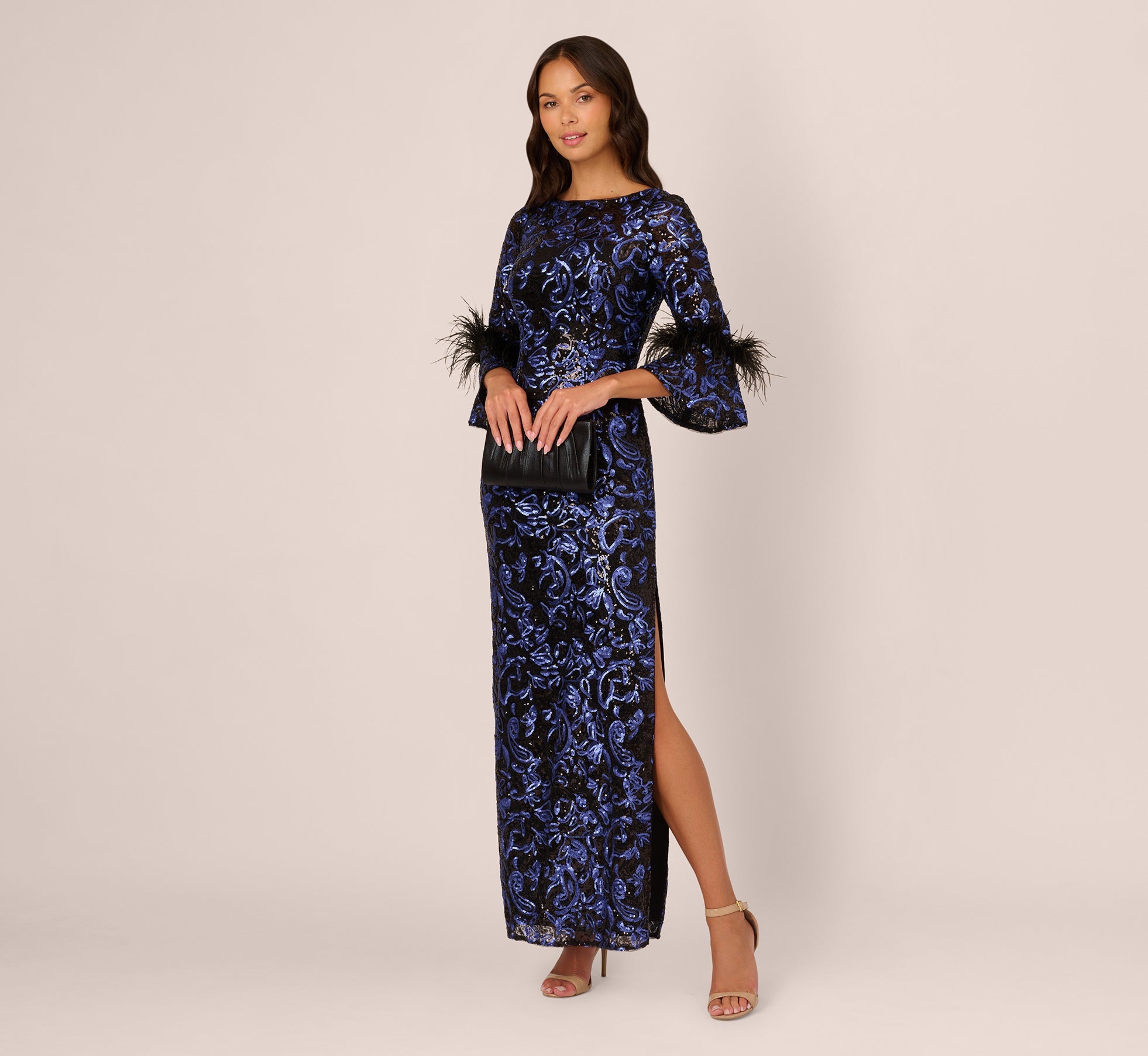 Sequin Embroidered Gown In Black Blue