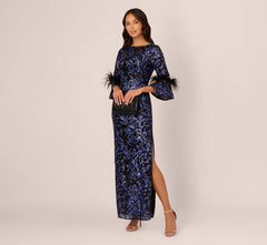 Sequin Embroidered Gown In Black Blue