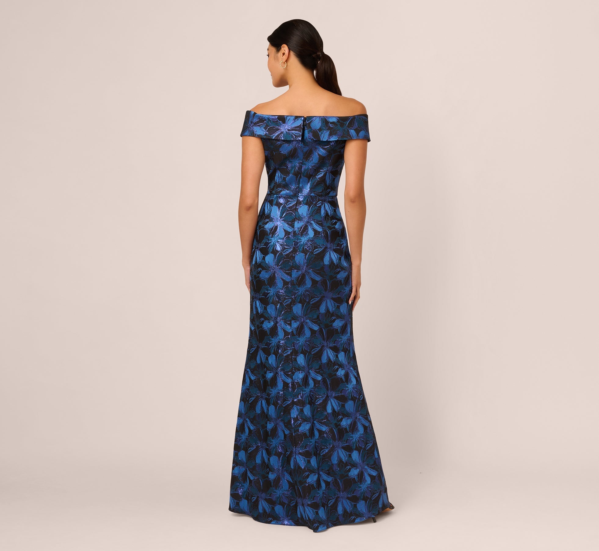 Off Shoulder Jacquard Gown In Blue Multi