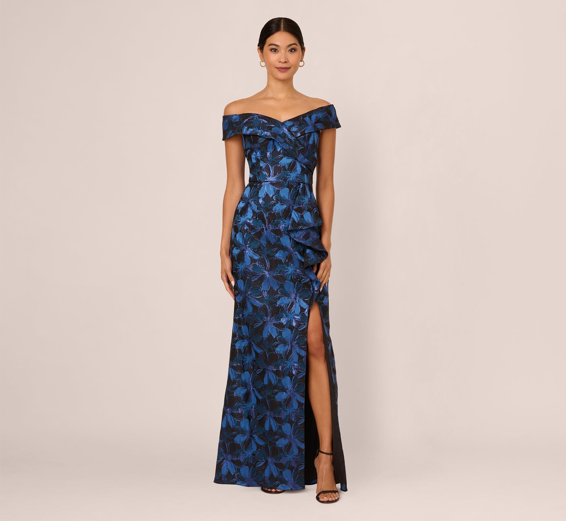 Off Shoulder Jacquard Gown In Blue Multi