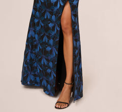 Off Shoulder Jacquard Gown In Blue Multi