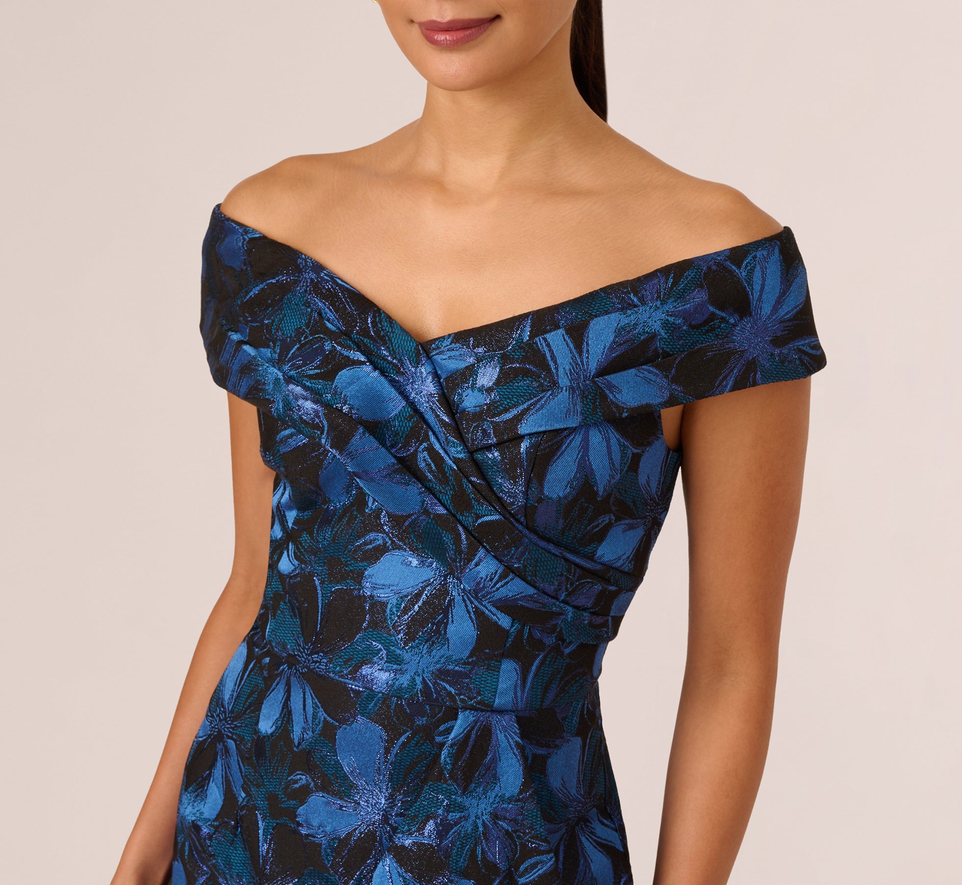 Off Shoulder Jacquard Gown In Blue Multi