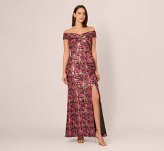 Off Shoulder Jacquard Gown In Fuchsia Multi
