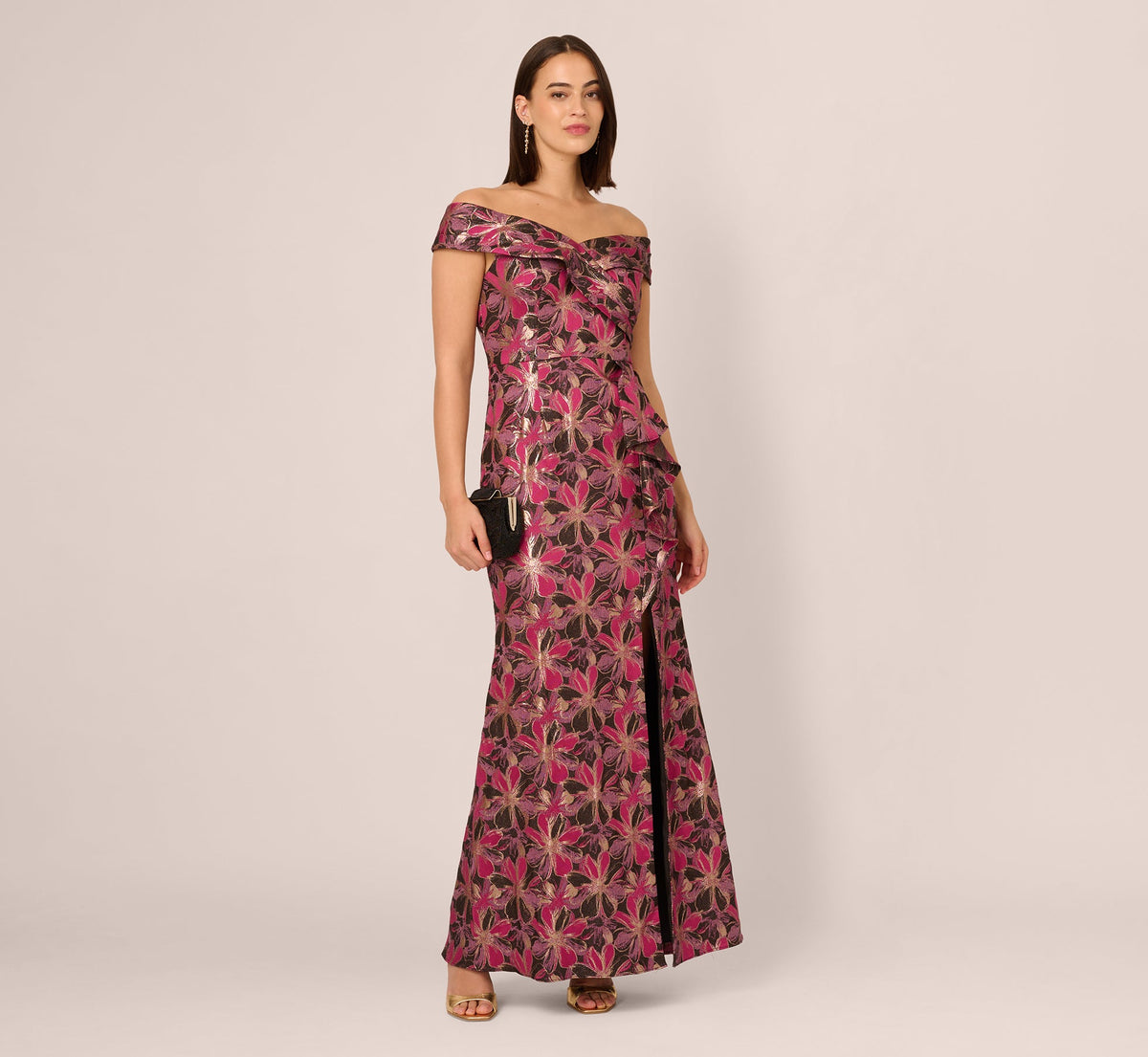 Off Shoulder Jacquard Gown In Fuchsia Multi