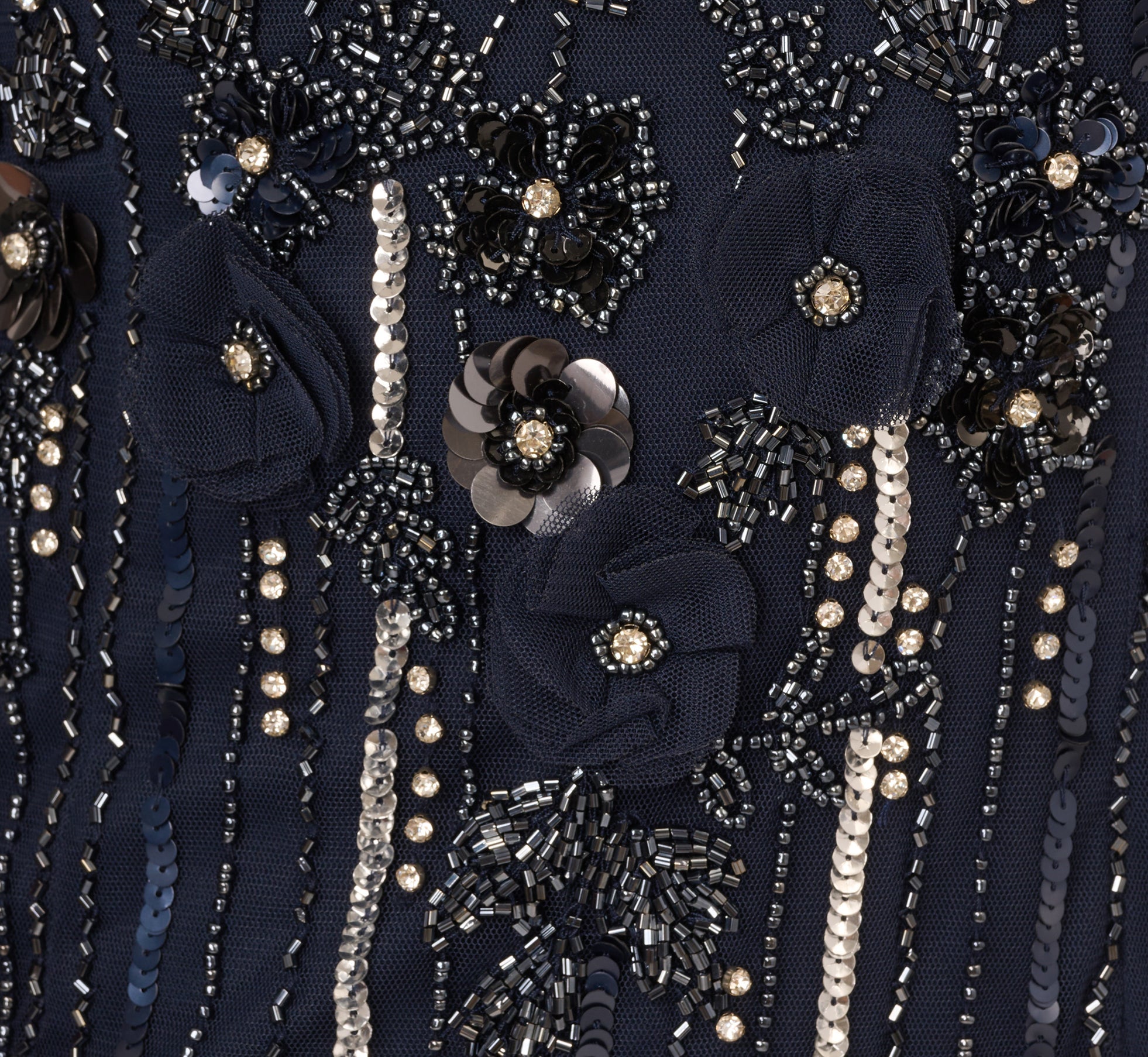 Sleeveless 3D Beaded Ankle Length Dress In Navy Gunmetal