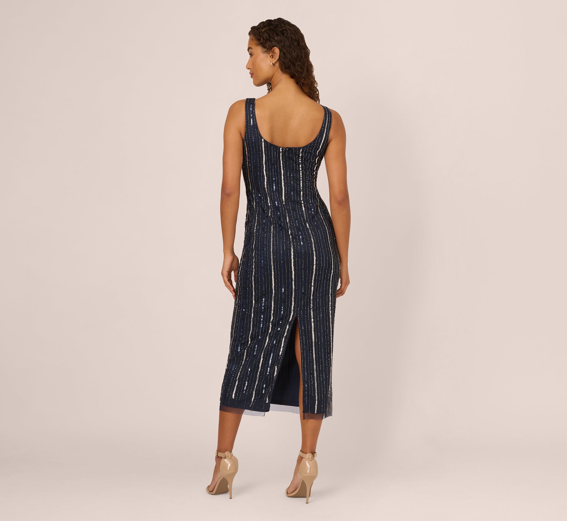 Sleeveless 3D Beaded Ankle Length Dress In Navy Gunmetal