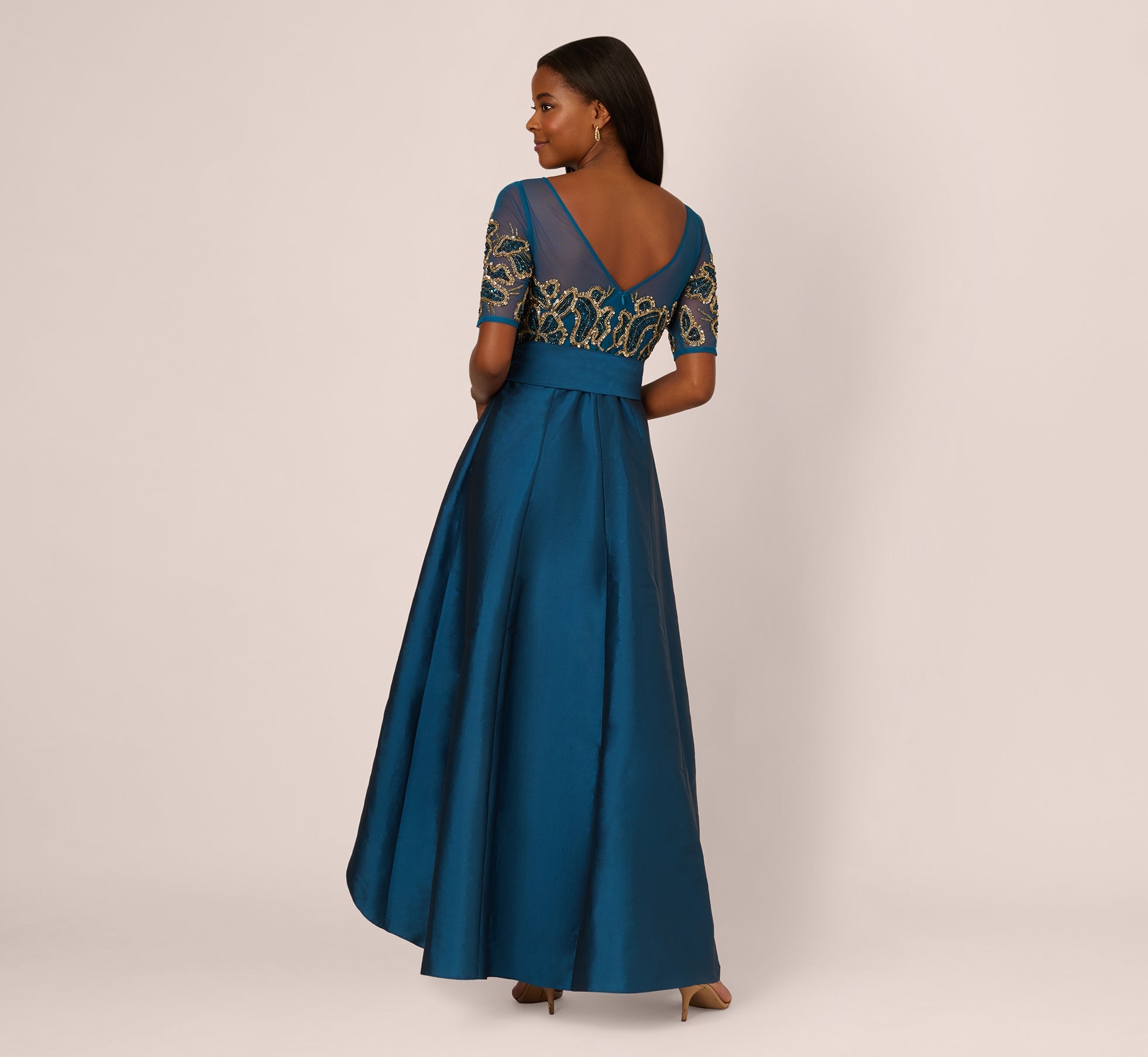 Bead Taffeta High Low Long Dress In Teal Sapphire Gold