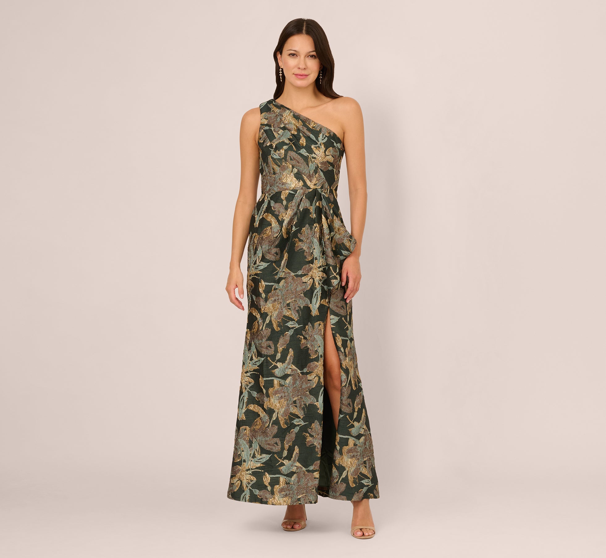 One Shoulder Jacquard Dress In Green Gold