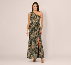 One Shoulder Jacquard Dress In Green Gold