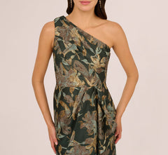 One Shoulder Jacquard Dress In Green Gold