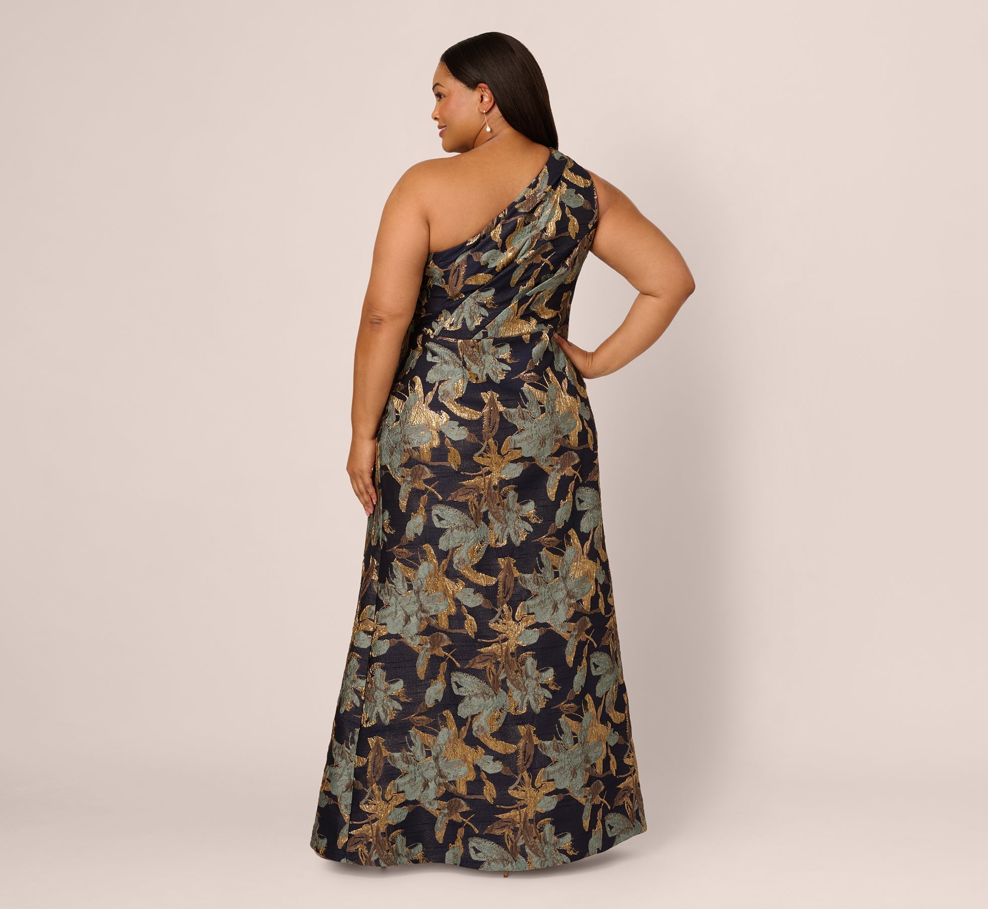 Plus Size One Shoulder Jacquard Dress In Blue Gold