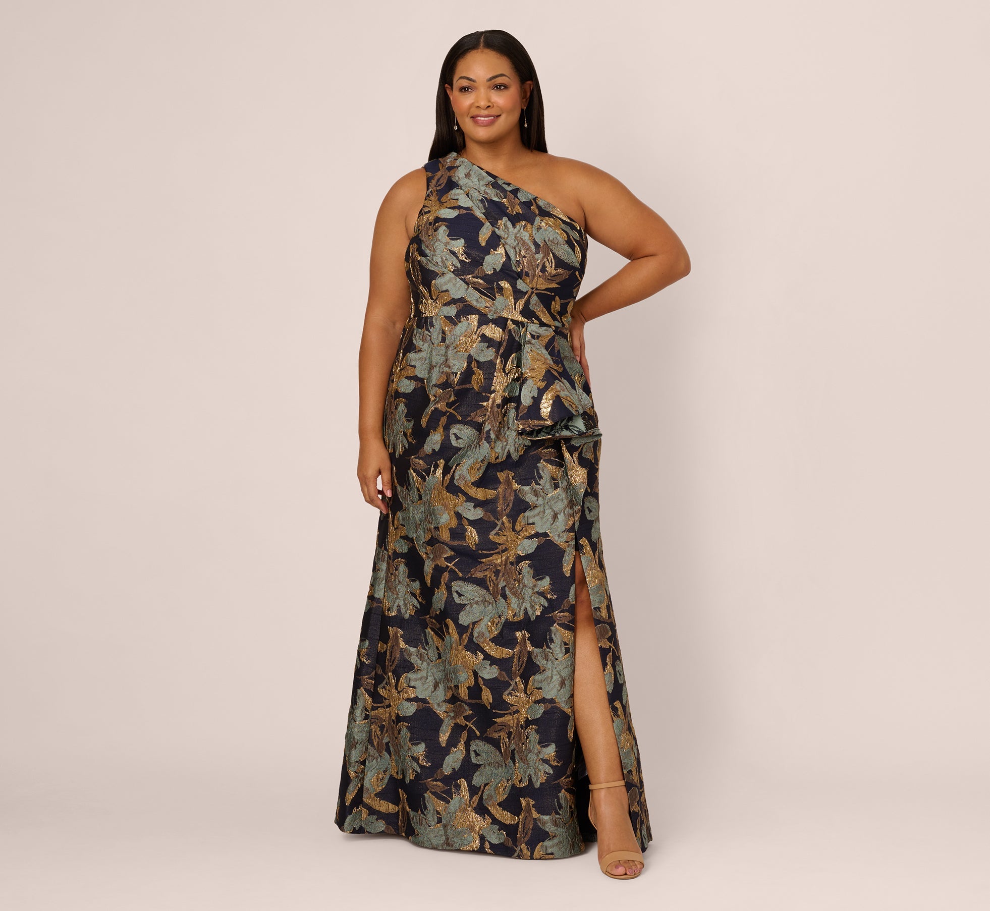Plus Size One Shoulder Jacquard Dress In Blue Gold