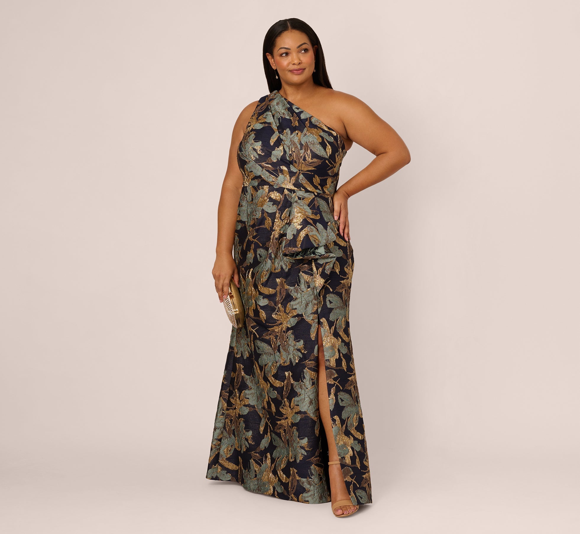 Plus Size One Shoulder Jacquard Dress In Blue Gold