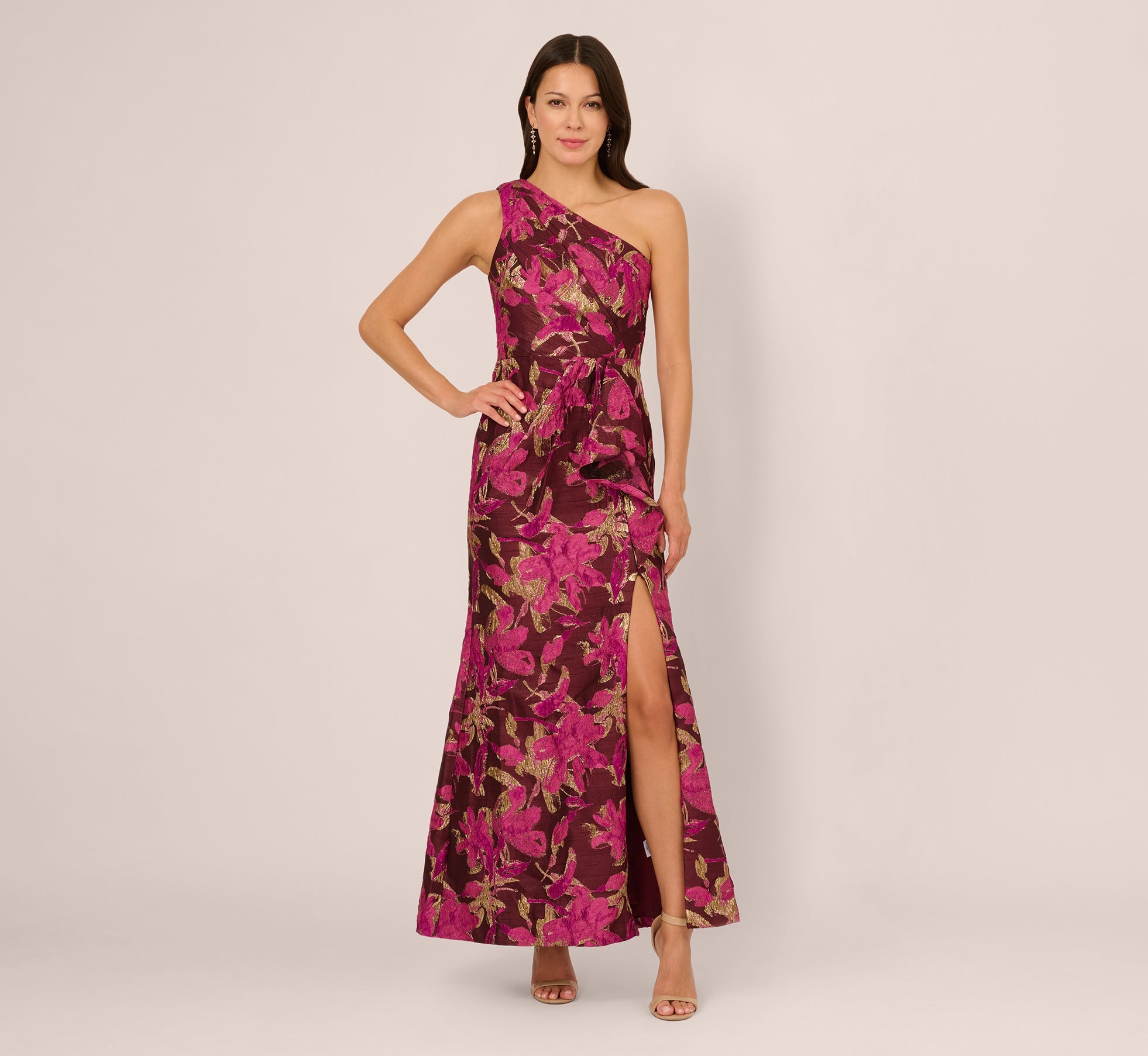 One Shoulder Jacquard Dress In Burgundy Gold