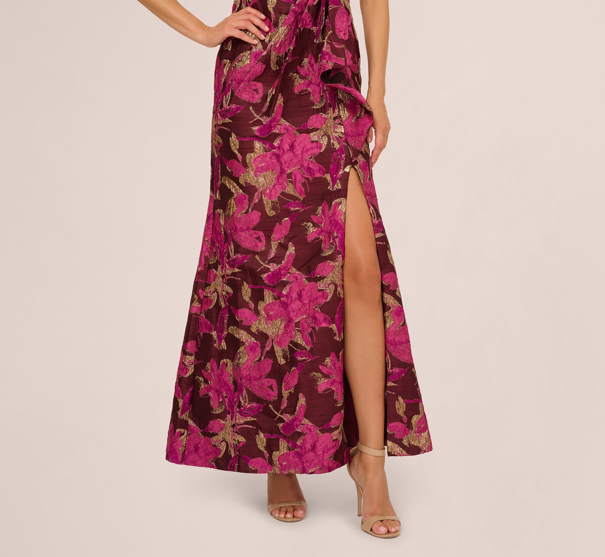 One Shoulder Jacquard Dress In Burgundy Gold