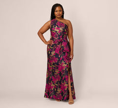 Plus Size One Shoulder Jacquard Dress In Navy Pink