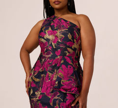 Plus Size One Shoulder Jacquard Dress In Navy Pink
