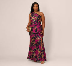 Plus Size One Shoulder Jacquard Dress In Navy Pink