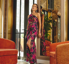 One Shoulder Jacquard Dress In Navy Pink