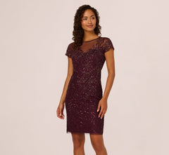 Beaded Short Sleeve Sheath Dress In Night Plum
